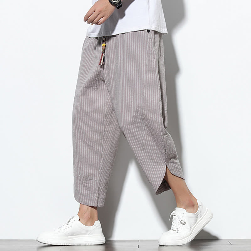 Nimara Ritual Summer Stripes Pattern Drawstring Cotton Linen Men's 7-8 Length Harem Pants With Pockets