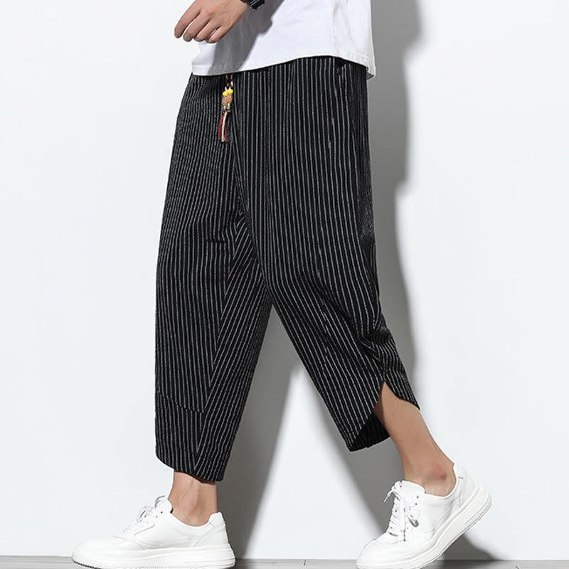 Nimara Ritual Summer Stripes Pattern Drawstring Cotton Linen Men's 7-8 Length Harem Pants With Pockets
