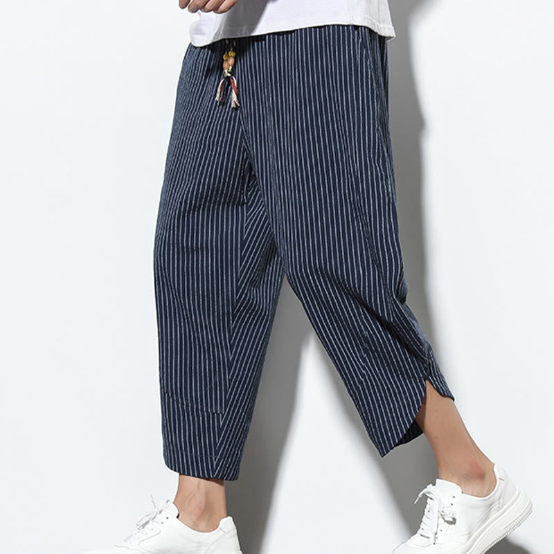 Nimara Ritual Summer Stripes Pattern Drawstring Cotton Linen Men's 7-8 Length Harem Pants With Pockets