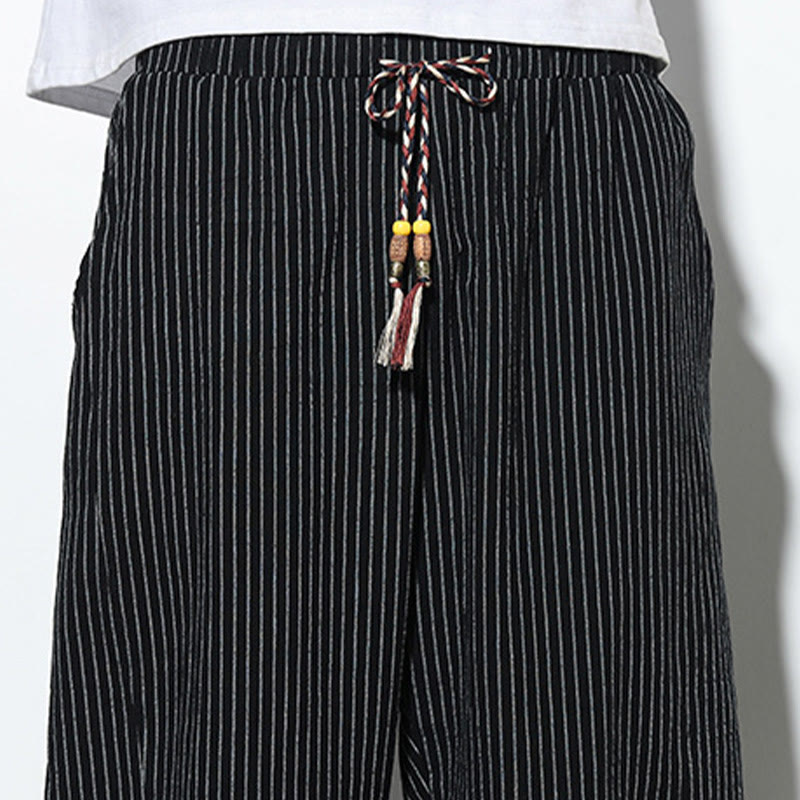 Nimara Ritual Summer Stripes Pattern Drawstring Cotton Linen Men's 7-8 Length Harem Pants With Pockets