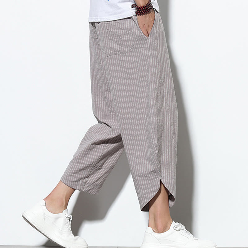 Nimara Ritual Summer Stripes Pattern Drawstring Cotton Linen Men's 7-8 Length Harem Pants With Pockets