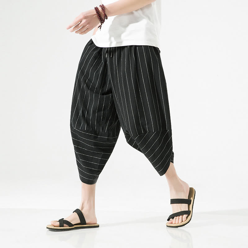 Nimara Ritual Casual Plain Stripes Pattern Drawstring Men's 7-8 Length Cotton Linen Harem Pants With Pockets