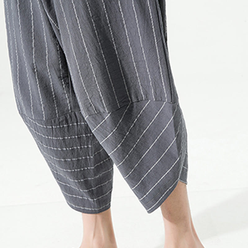 Nimara Ritual Casual Plain Stripes Pattern Drawstring Men's 7-8 Length Cotton Linen Harem Pants With Pockets