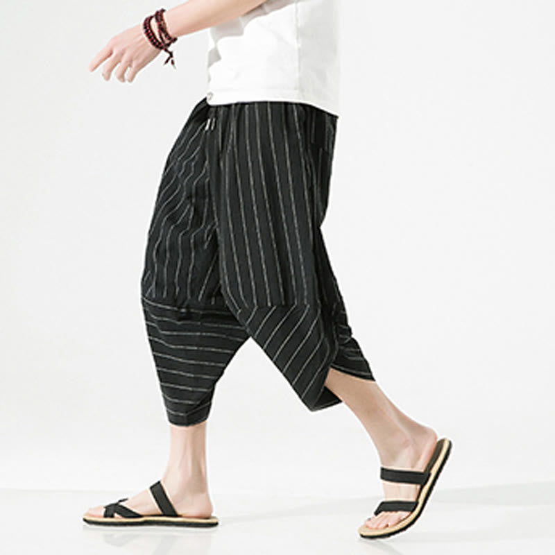 Nimara Ritual Casual Plain Stripes Pattern Drawstring Men's 7-8 Length Cotton Linen Harem Pants With Pockets