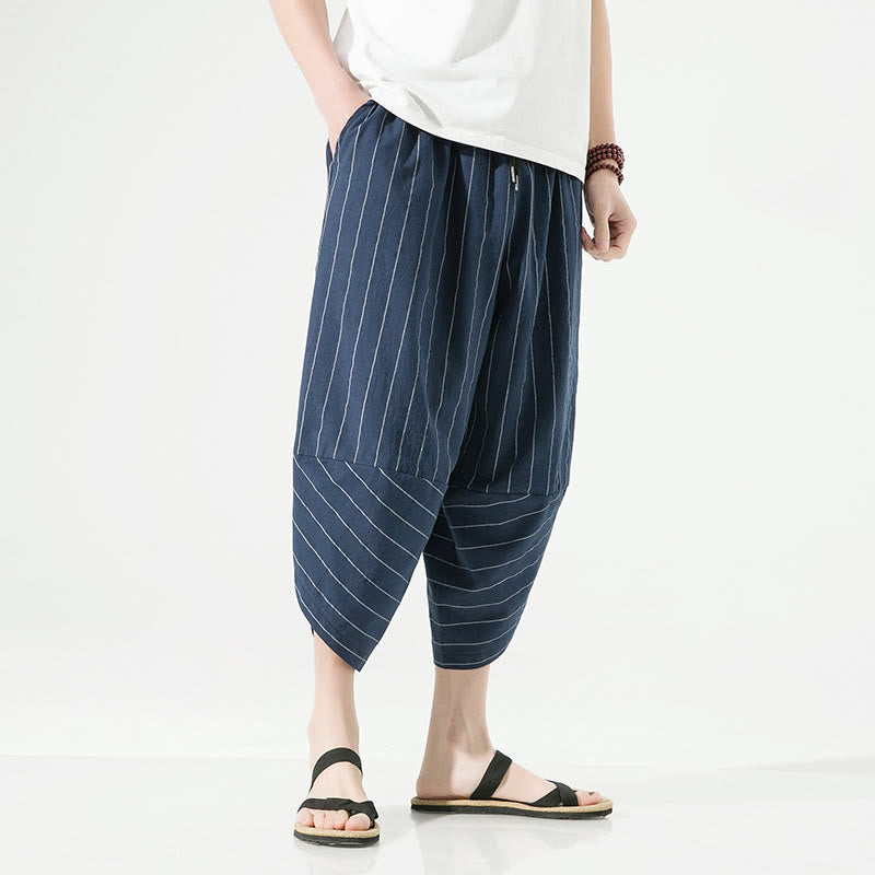 Nimara Ritual Casual Plain Stripes Pattern Drawstring Men's 7-8 Length Cotton Linen Harem Pants With Pockets