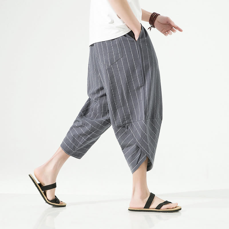 Nimara Ritual Casual Plain Stripes Pattern Drawstring Men's 7-8 Length Cotton Linen Harem Pants With Pockets