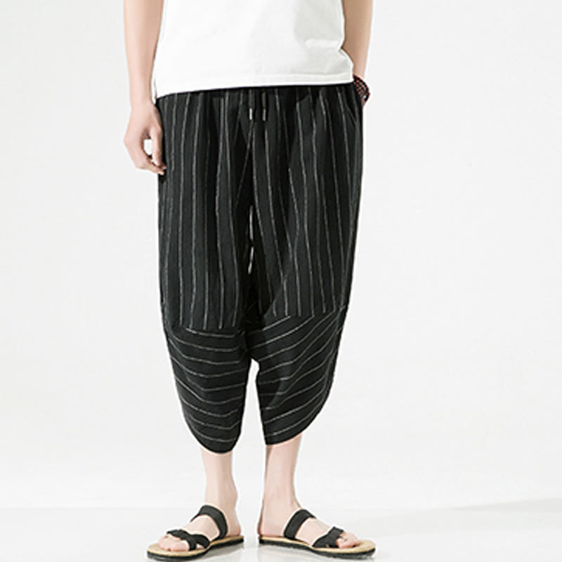 Nimara Ritual Casual Plain Stripes Pattern Drawstring Men's 7-8 Length Cotton Linen Harem Pants With Pockets
