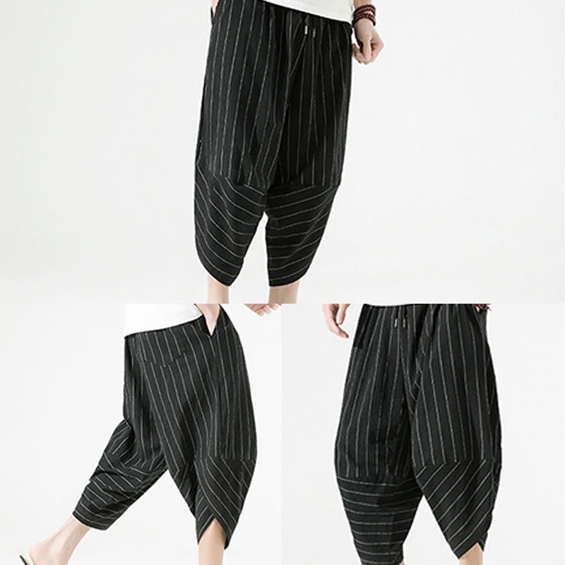 Nimara Ritual Casual Plain Stripes Pattern Drawstring Men's 7-8 Length Cotton Linen Harem Pants With Pockets