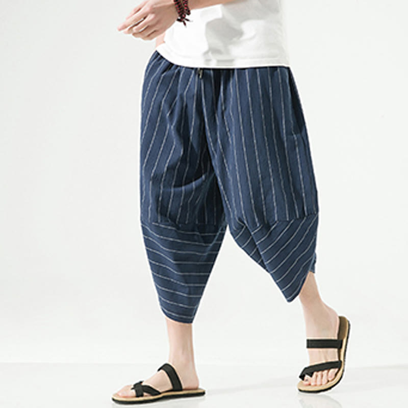 Nimara Ritual Casual Plain Stripes Pattern Drawstring Men's 7-8 Length Cotton Linen Harem Pants With Pockets