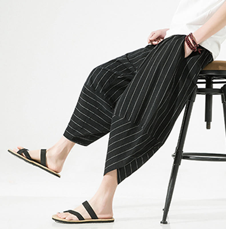 Nimara Ritual Casual Plain Stripes Pattern Drawstring Men's 7-8 Length Cotton Linen Harem Pants With Pockets