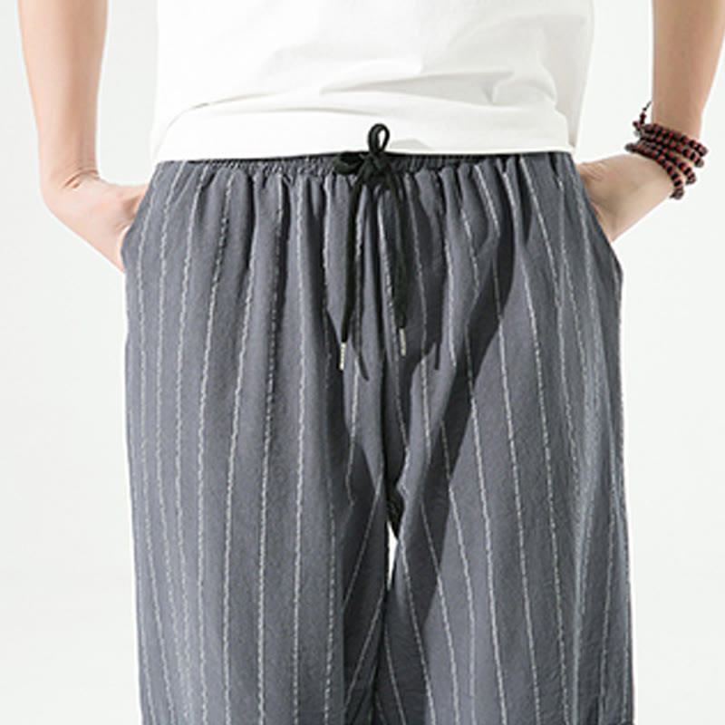 Nimara Ritual Casual Plain Stripes Pattern Drawstring Men's 7-8 Length Cotton Linen Harem Pants With Pockets
