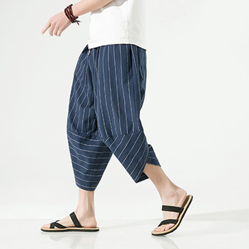 Nimara Ritual Casual Plain Stripes Pattern Drawstring Men's 7-8 Length Cotton Linen Harem Pants With Pockets