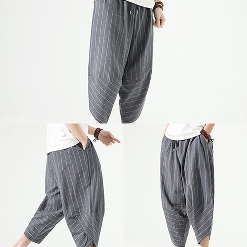 Nimara Ritual Casual Plain Stripes Pattern Drawstring Men's 7-8 Length Cotton Linen Harem Pants With Pockets