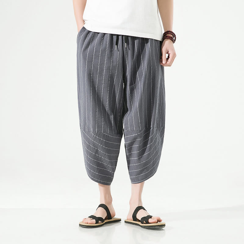 Nimara Ritual Casual Plain Stripes Pattern Drawstring Men's 7-8 Length Cotton Linen Harem Pants With Pockets