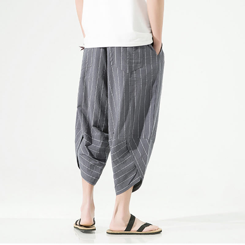 Nimara Ritual Casual Plain Stripes Pattern Drawstring Men's 7-8 Length Cotton Linen Harem Pants With Pockets