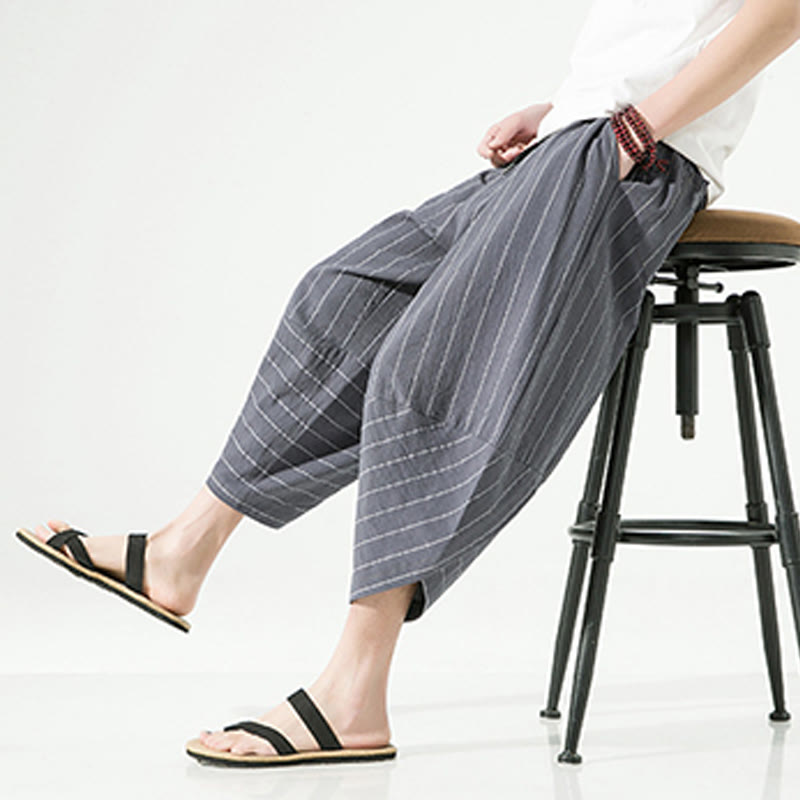 Nimara Ritual Casual Plain Stripes Pattern Drawstring Men's 7-8 Length Cotton Linen Harem Pants With Pockets