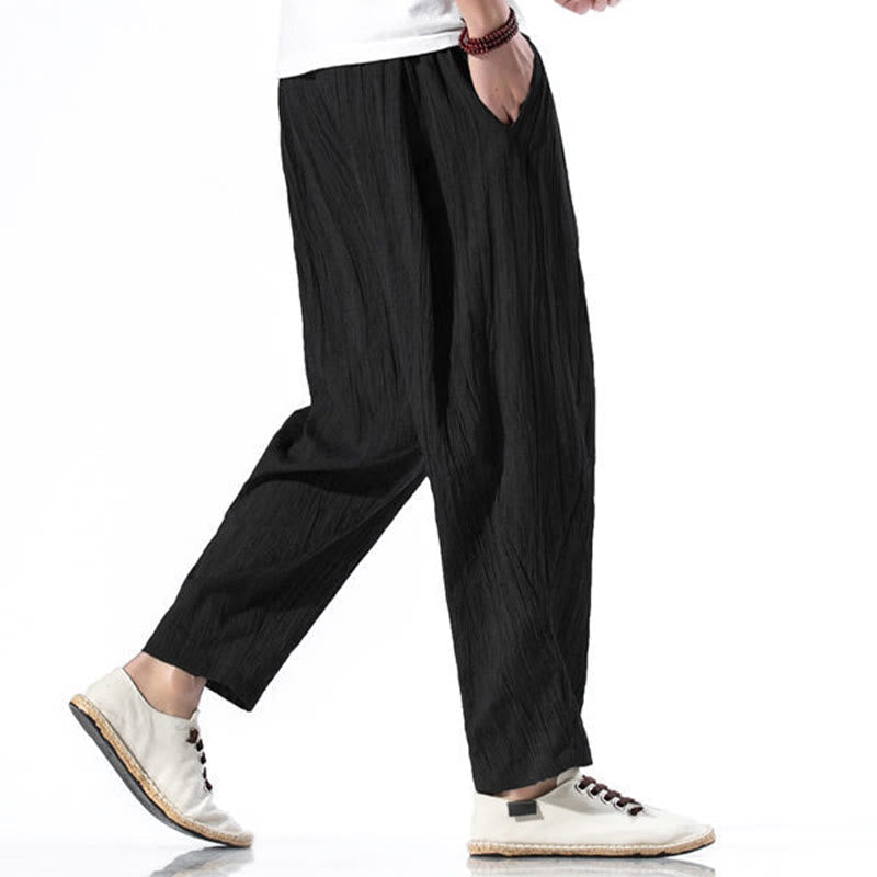 Nimara Ritual Casual Plain Pleated Design Drawstring Men's Long Cotton Linen Harem Pants With Pockets
