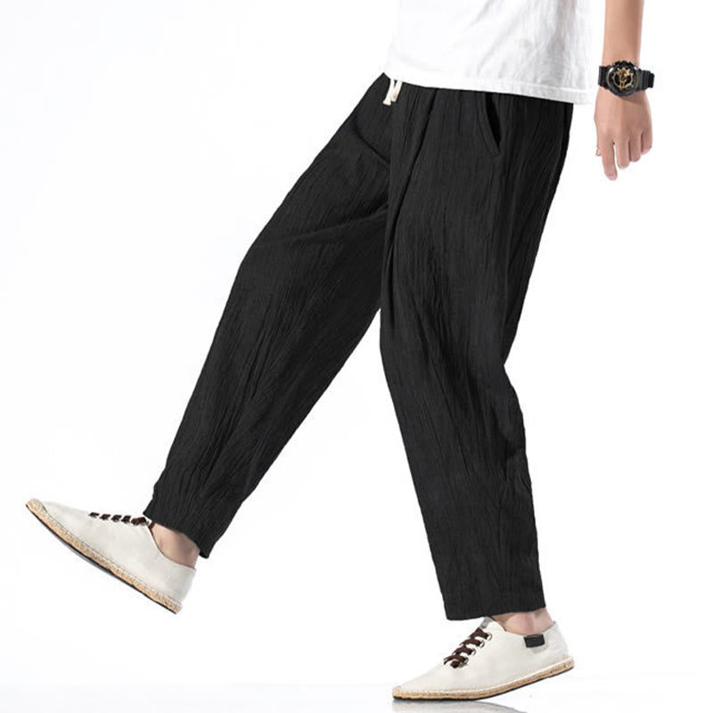 Nimara Ritual Casual Plain Pleated Design Drawstring Men's Long Cotton Linen Harem Pants With Pockets