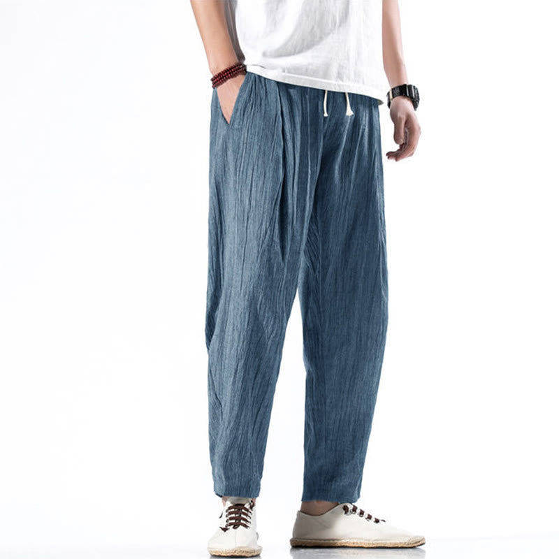 Nimara Ritual Casual Plain Pleated Design Drawstring Men's Long Cotton Linen Harem Pants With Pockets