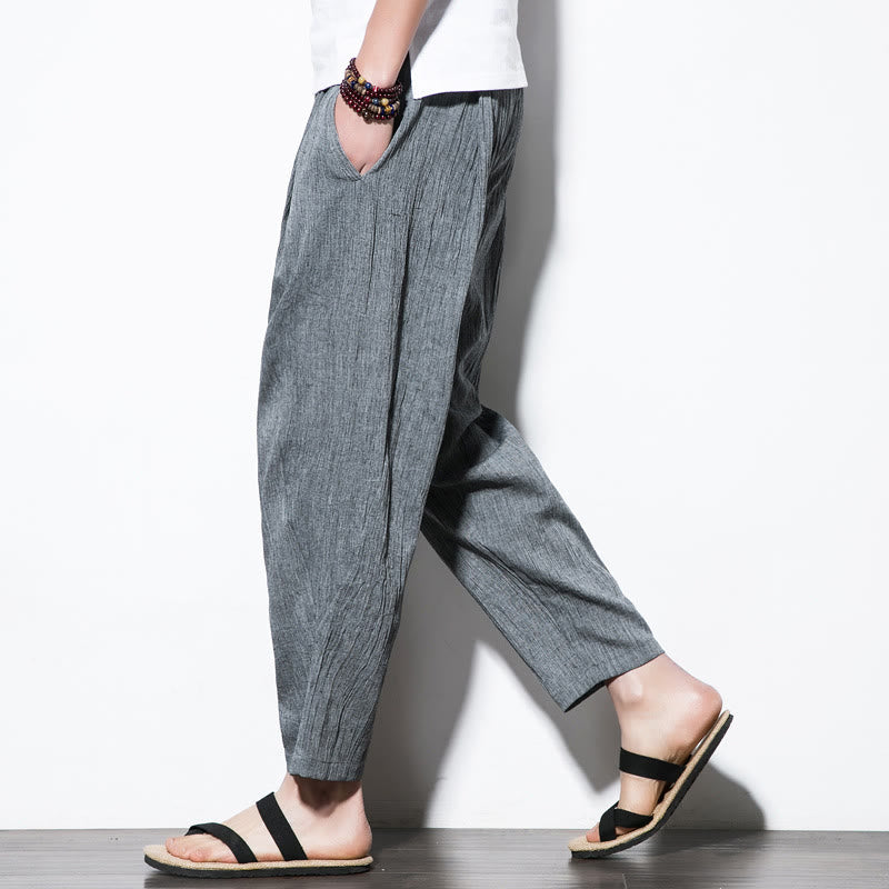 Nimara Ritual Casual Plain Pleated Design Drawstring Men's Long Cotton Linen Harem Pants With Pockets