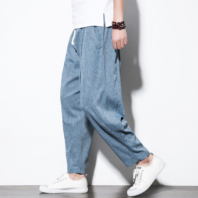 Nimara Ritual Casual Plain Pleated Design Drawstring Men's Long Cotton Linen Harem Pants With Pockets