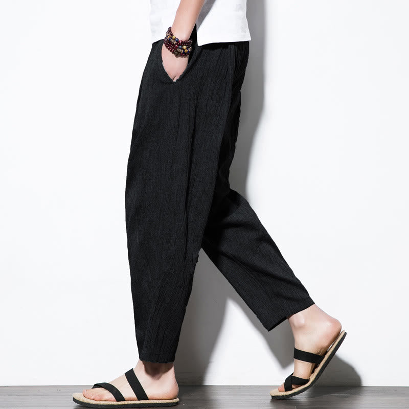Nimara Ritual Casual Plain Pleated Design Drawstring Men's Long Cotton Linen Harem Pants With Pockets