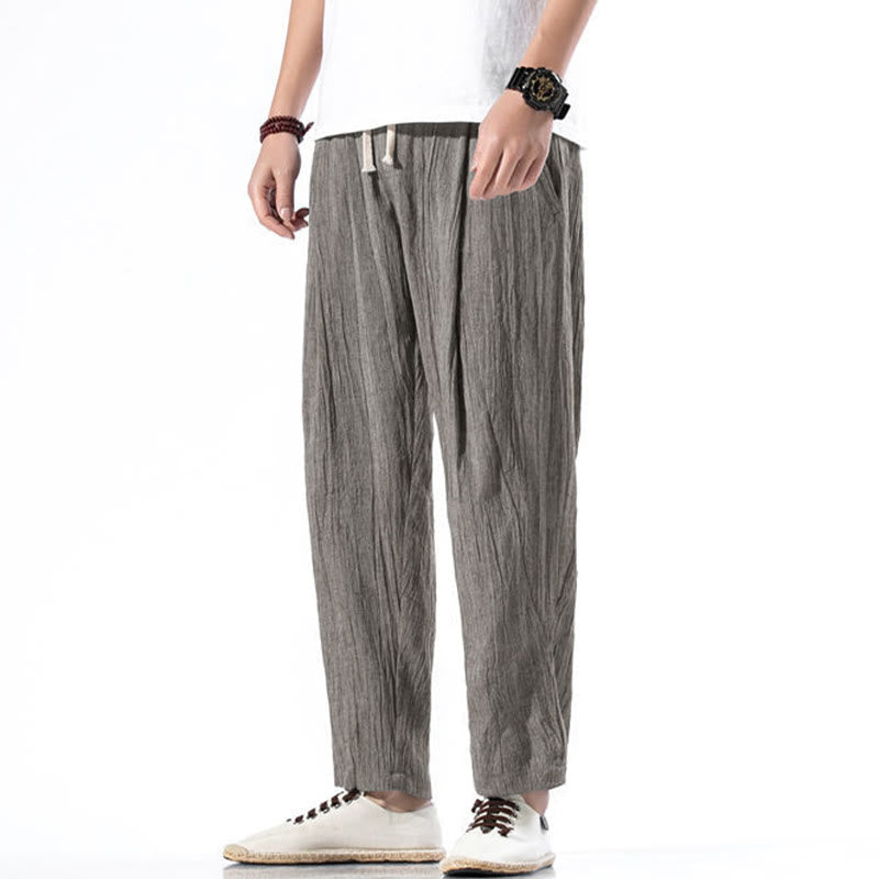 Nimara Ritual Casual Plain Pleated Design Drawstring Men's Long Cotton Linen Harem Pants With Pockets