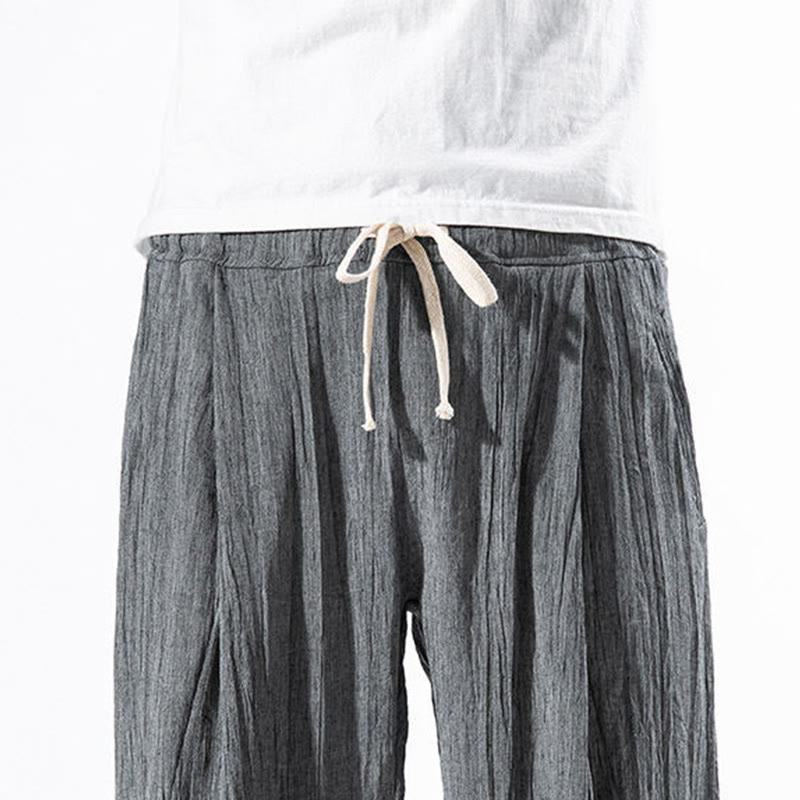 Nimara Ritual Casual Plain Pleated Design Drawstring Men's Long Cotton Linen Harem Pants With Pockets