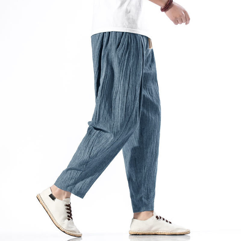 Nimara Ritual Casual Plain Pleated Design Drawstring Men's Long Cotton Linen Harem Pants With Pockets