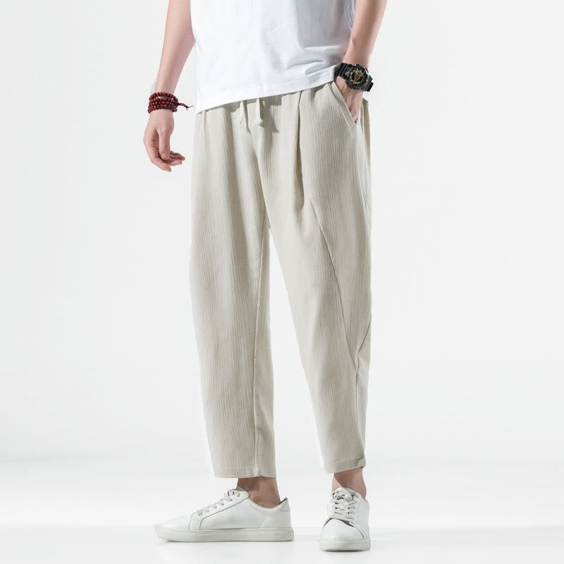 Nimara Ritual Casual Plain Pleated Design Drawstring Men's Long Cotton Linen Harem Pants With Pockets