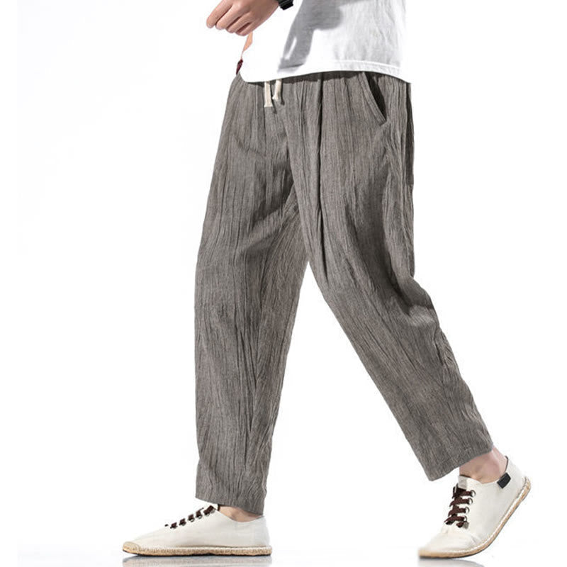Nimara Ritual Casual Plain Pleated Design Drawstring Men's Long Cotton Linen Harem Pants With Pockets