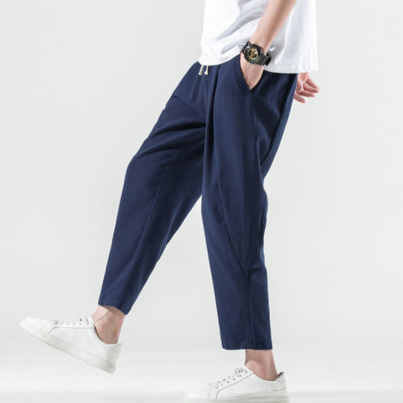 Nimara Ritual Casual Plain Pleated Design Drawstring Men's Long Cotton Linen Harem Pants With Pockets