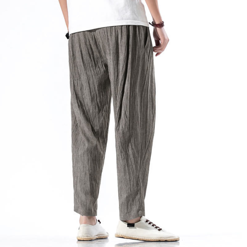 Nimara Ritual Casual Plain Pleated Design Drawstring Men's Long Cotton Linen Harem Pants With Pockets