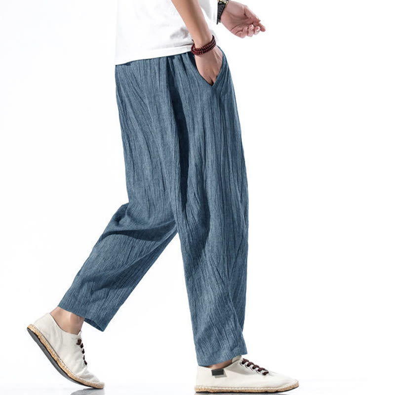 Nimara Ritual Casual Plain Pleated Design Drawstring Men's Long Cotton Linen Harem Pants With Pockets