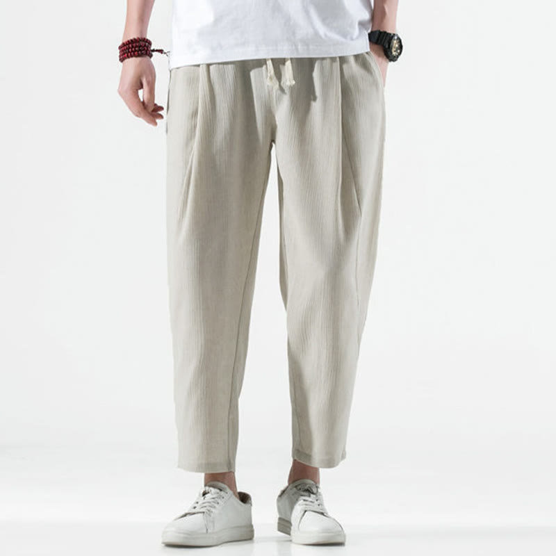 Nimara Ritual Casual Plain Pleated Design Drawstring Men's Long Cotton Linen Harem Pants With Pockets