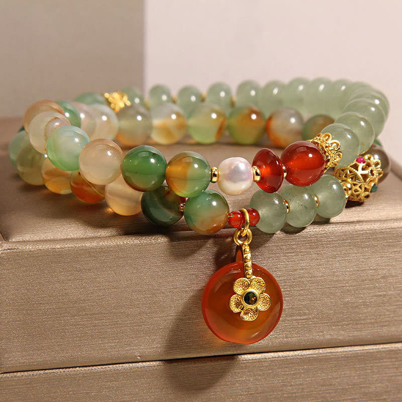 Nimara Ritual Natural Colorful Peacock Agate Flower Peace Buckle Pearl Double Layer Support Bracelet
