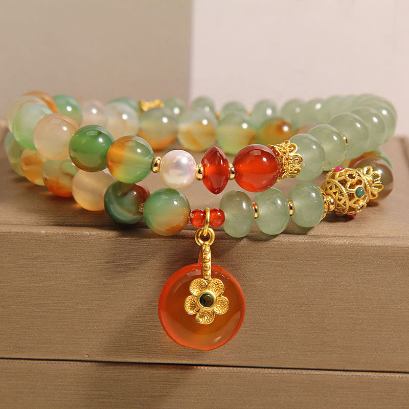 Nimara Ritual Natural Colorful Peacock Agate Flower Peace Buckle Pearl Double Layer Support Bracelet
