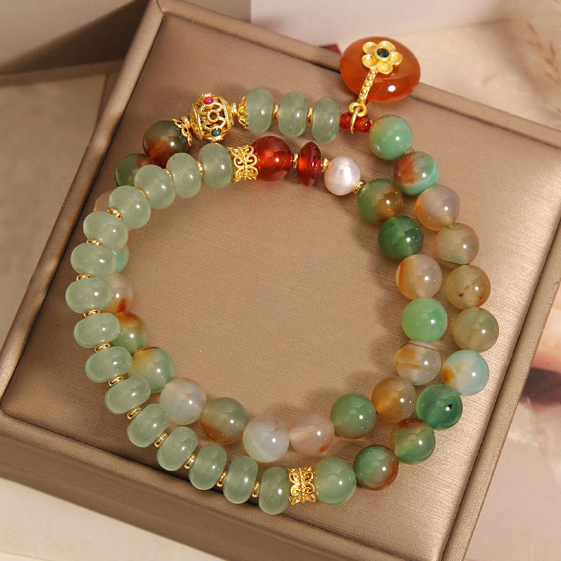 Nimara Ritual Natural Colorful Peacock Agate Flower Peace Buckle Pearl Double Layer Support Bracelet