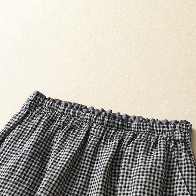 Nimara Ritual Commute Casual Checkered Pattern 7-8 Length Women's Wide Leg Cotton Linen Pants With Pockets