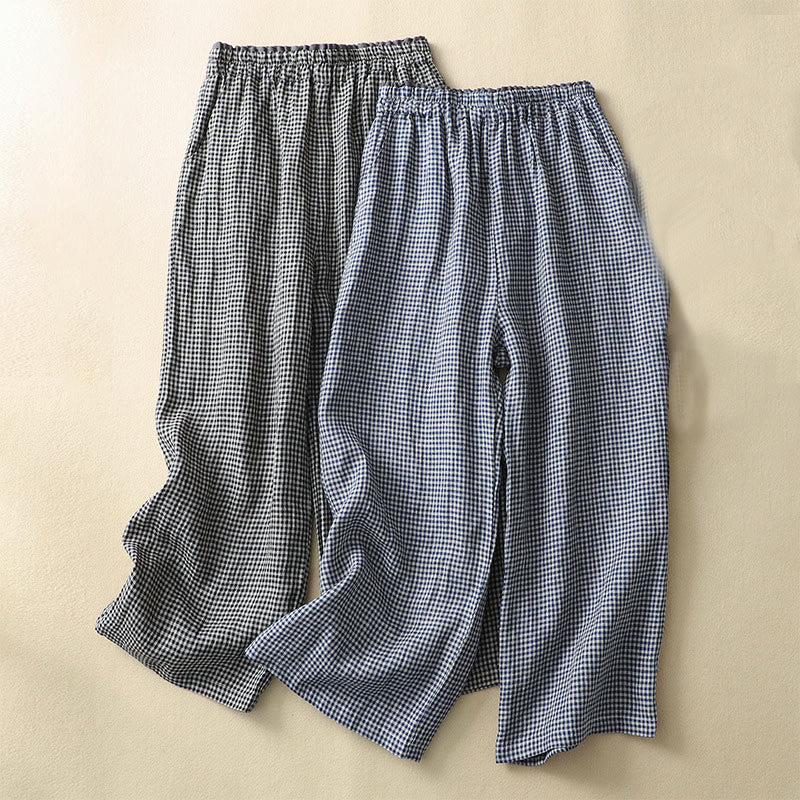 Nimara Ritual Commute Casual Checkered Pattern 7-8 Length Women's Wide Leg Cotton Linen Pants With Pockets