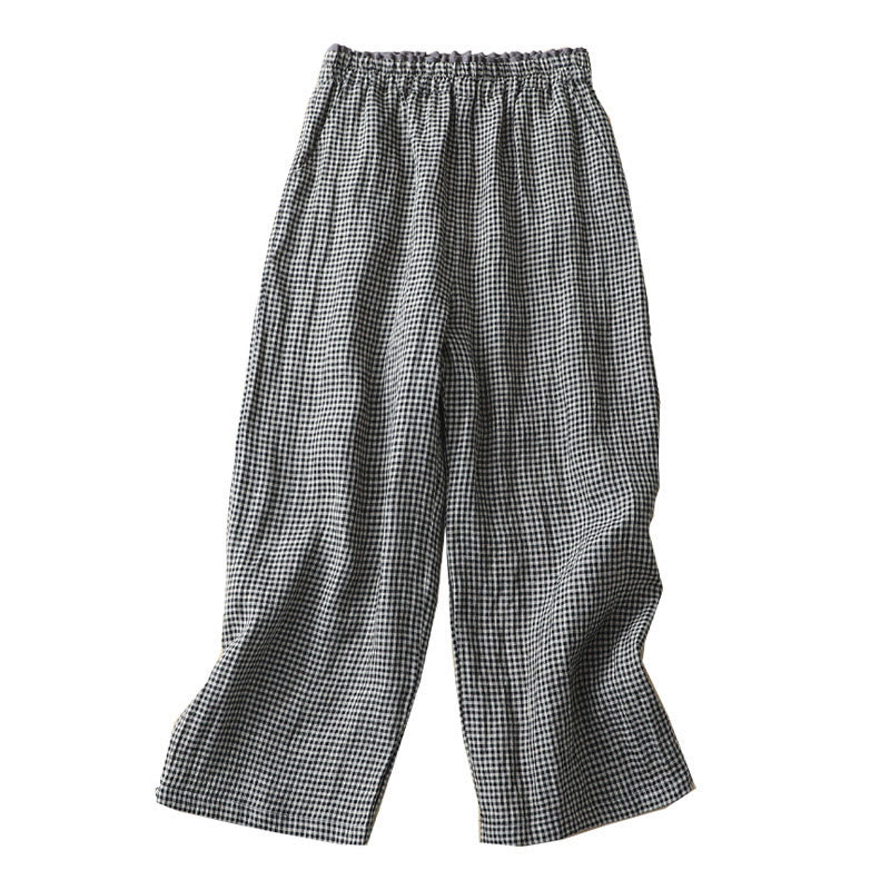 Nimara Ritual Commute Casual Checkered Pattern 7-8 Length Women's Wide Leg Cotton Linen Pants With Pockets