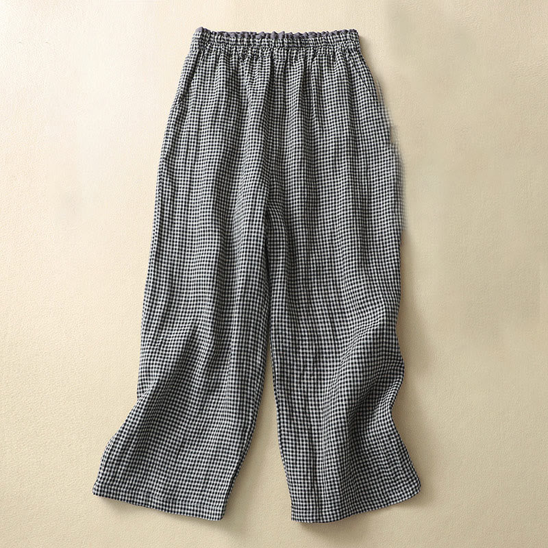 Nimara Ritual Commute Casual Checkered Pattern 7-8 Length Women's Wide Leg Cotton Linen Pants With Pockets