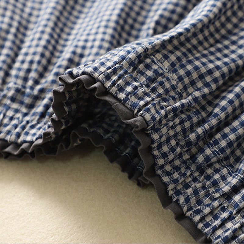 Nimara Ritual Commute Casual Checkered Pattern 7-8 Length Women's Wide Leg Cotton Linen Pants With Pockets