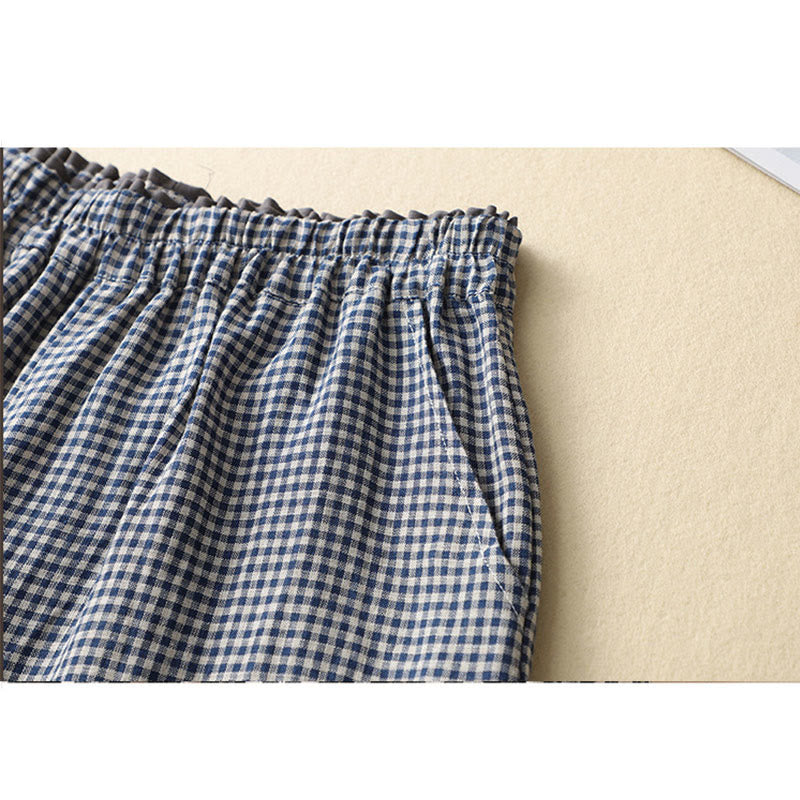 Nimara Ritual Commute Casual Checkered Pattern 7-8 Length Women's Wide Leg Cotton Linen Pants With Pockets