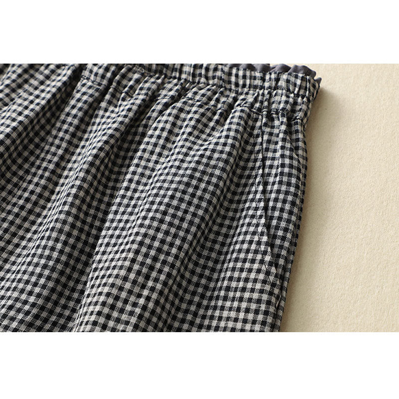 Nimara Ritual Commute Casual Checkered Pattern 7-8 Length Women's Wide Leg Cotton Linen Pants With Pockets