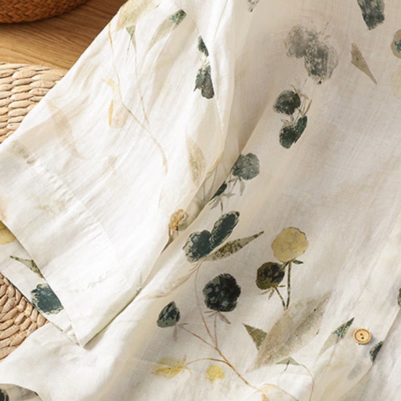 Nimara Ritual Plant Printed V-neck Button Design Women's Polyester Three Quarter Sleeve Shirt