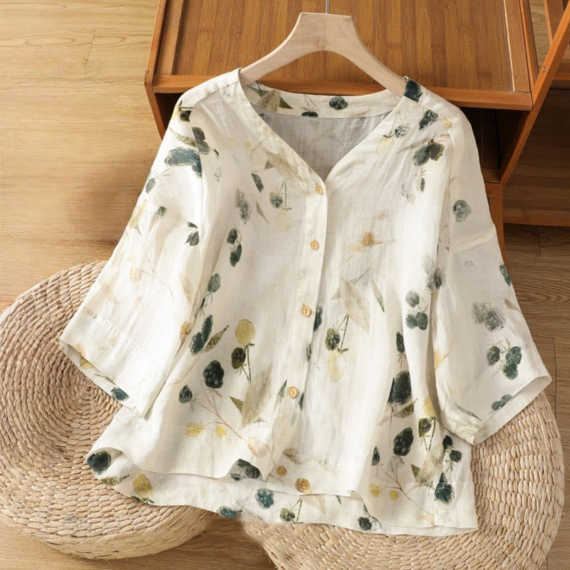 Nimara Ritual Plant Printed V-neck Button Design Women's Polyester Three Quarter Sleeve Shirt