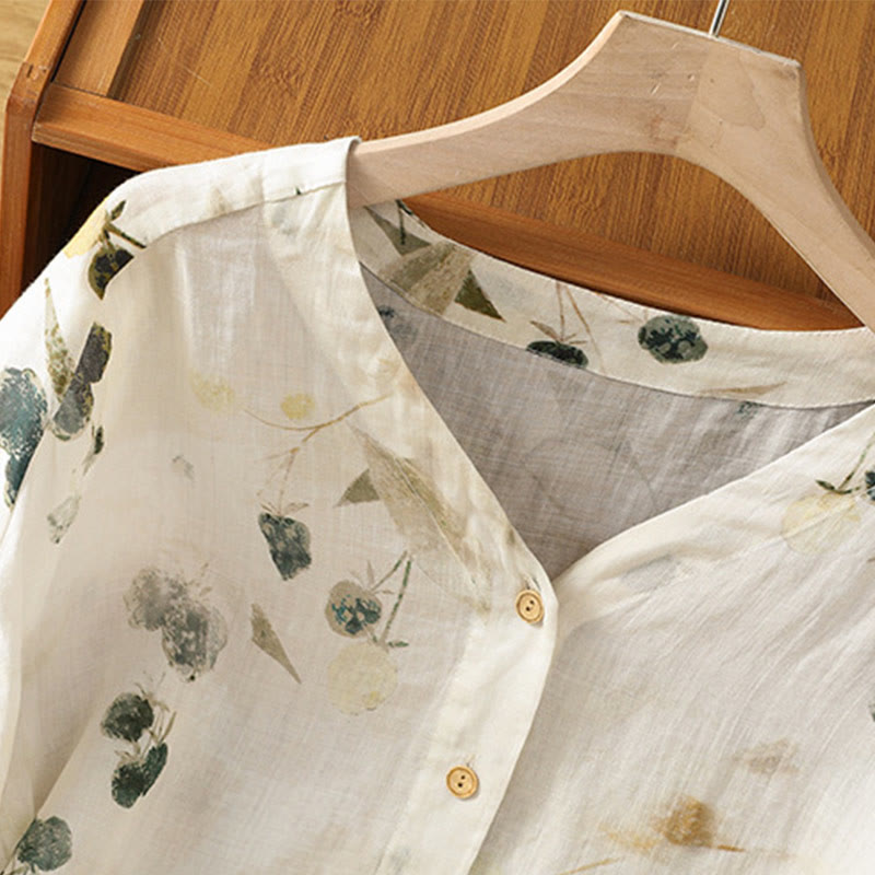 Nimara Ritual Plant Printed V-neck Button Design Women's Polyester Three Quarter Sleeve Shirt