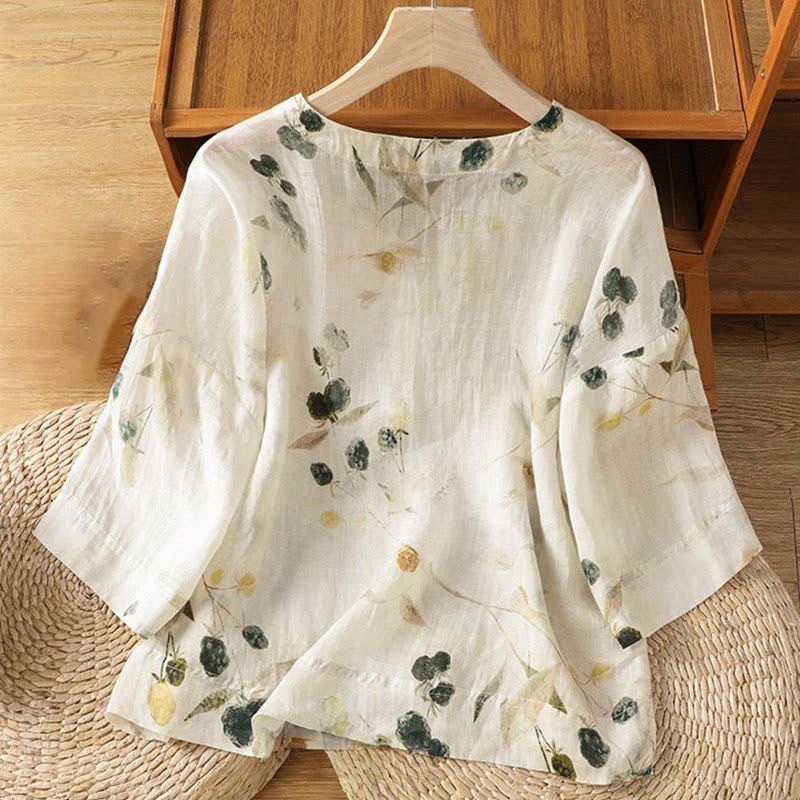 Nimara Ritual Plant Printed V-neck Button Design Women's Polyester Three Quarter Sleeve Shirt