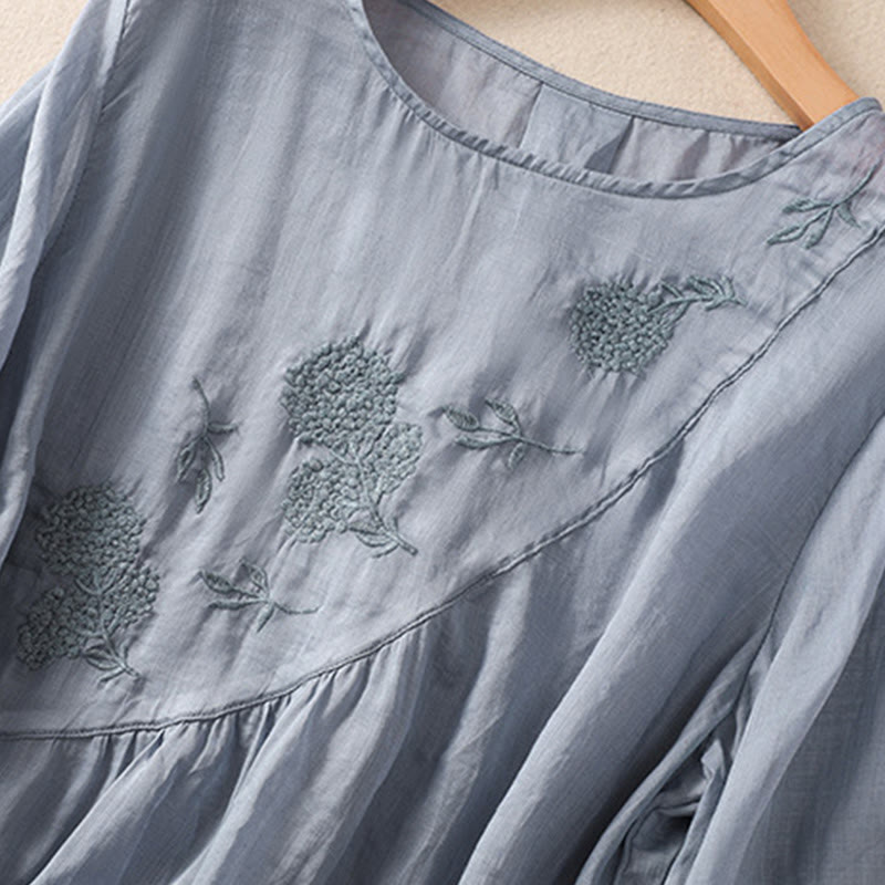 Nimara Ritual Embroidered Flower Crew Neck Design Women's Cotton Linen Half Sleeve Shirt